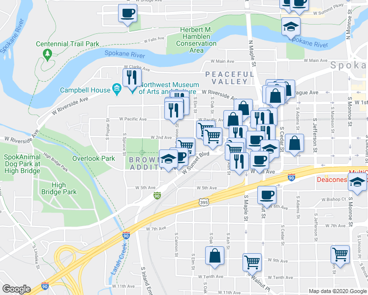 map of restaurants, bars, coffee shops, grocery stores, and more near 1917 West 3rd Avenue in Spokane