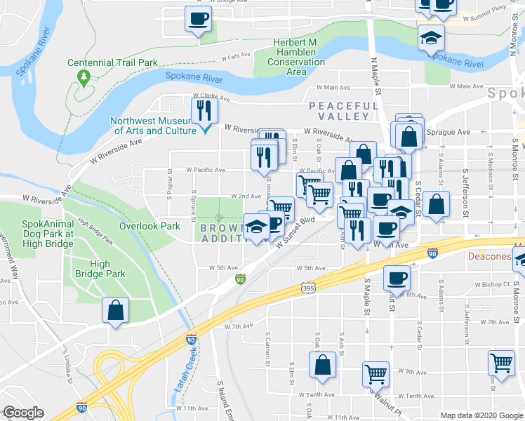 map of restaurants, bars, coffee shops, grocery stores, and more near 2023 West 3rd Avenue in Spokane