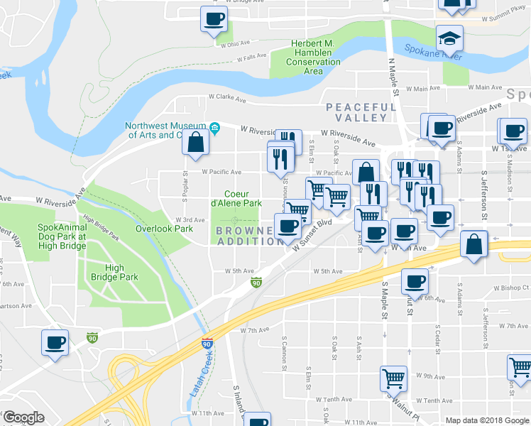 map of restaurants, bars, coffee shops, grocery stores, and more near 2023 West 3rd Avenue in Spokane