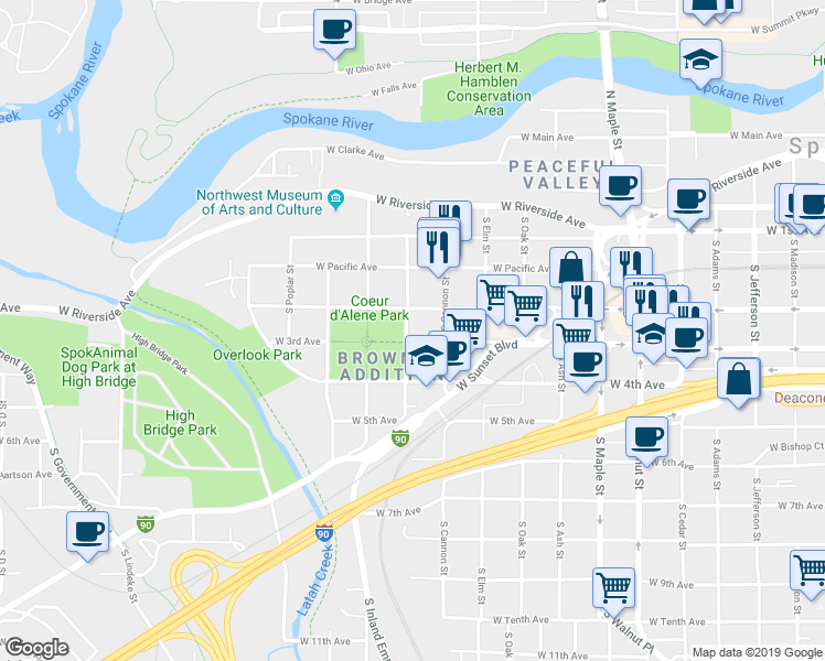 map of restaurants, bars, coffee shops, grocery stores, and more near 2023 West 3rd Avenue in Spokane