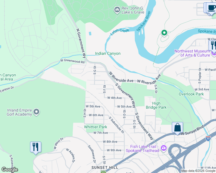 map of restaurants, bars, coffee shops, grocery stores, and more near 3400 West 3rd Avenue in Spokane