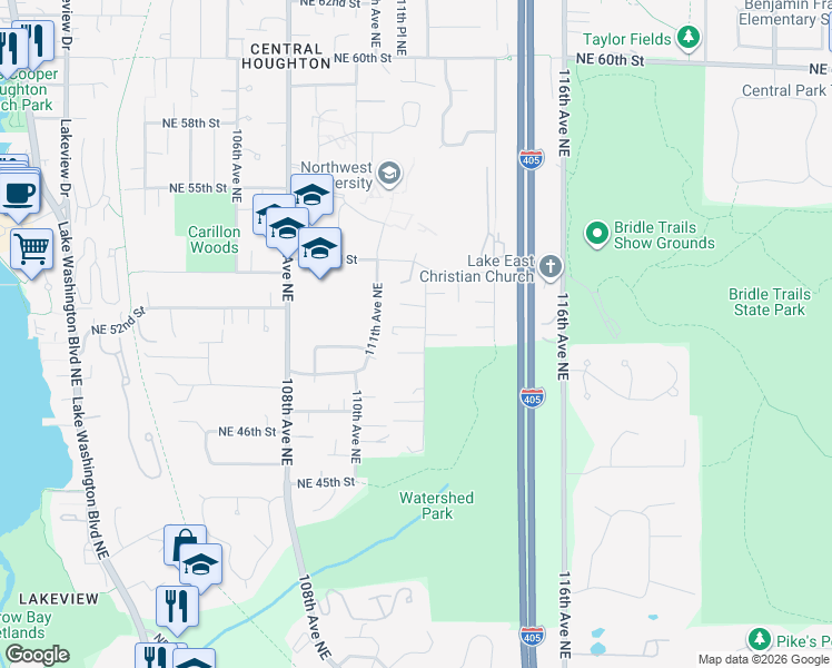 map of restaurants, bars, coffee shops, grocery stores, and more near 5007 112th Avenue Northeast in Kirkland