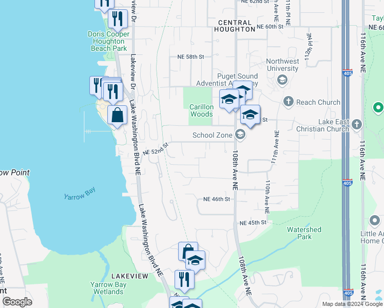 map of restaurants, bars, coffee shops, grocery stores, and more near 10516 Northeast 48th Place in Kirkland