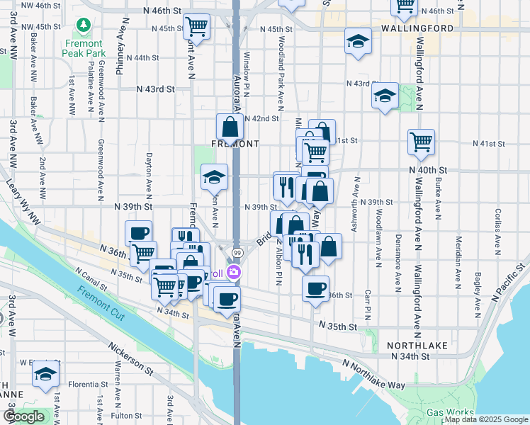 map of restaurants, bars, coffee shops, grocery stores, and more near in Seattle