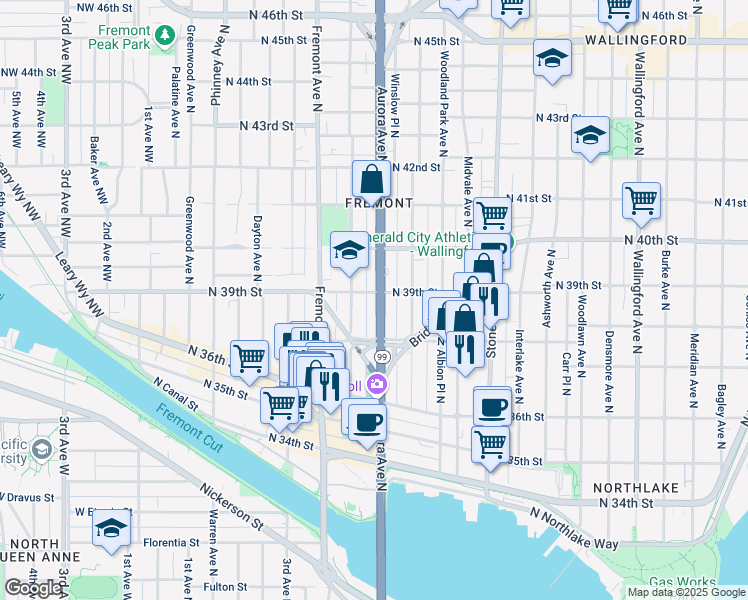 map of restaurants, bars, coffee shops, grocery stores, and more near 3823 Aurora Avenue North in Seattle