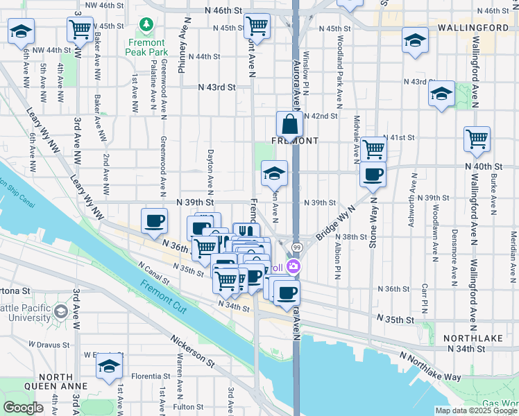 map of restaurants, bars, coffee shops, grocery stores, and more near 3829 Linden Avenue North in Seattle