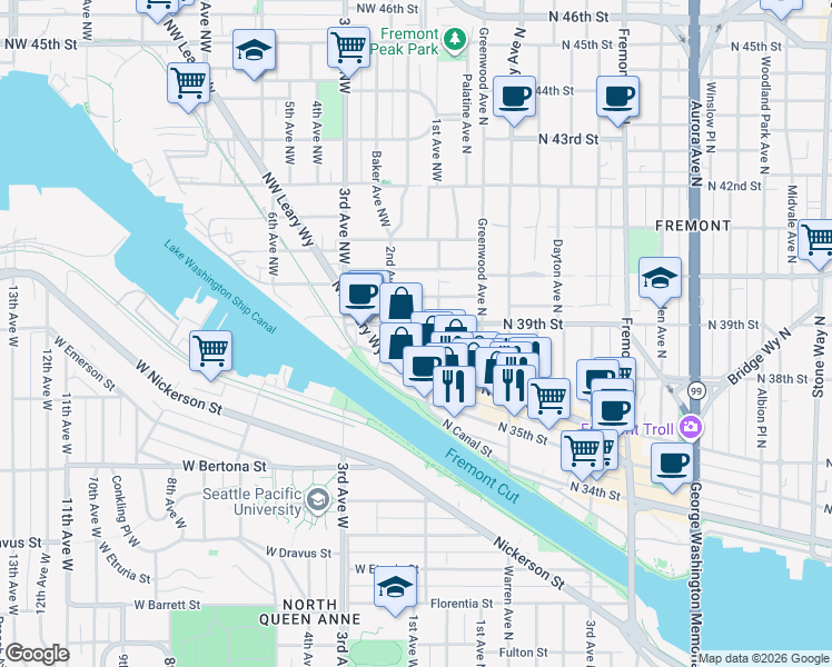 map of restaurants, bars, coffee shops, grocery stores, and more near 3617 1st Avenue Northwest in Seattle