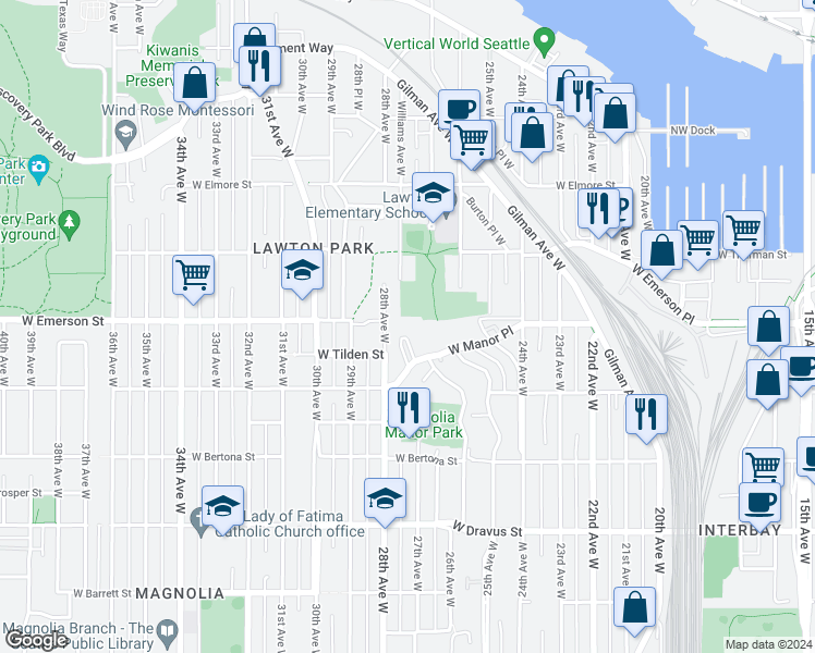 map of restaurants, bars, coffee shops, grocery stores, and more near 3708 28th Avenue West in Seattle