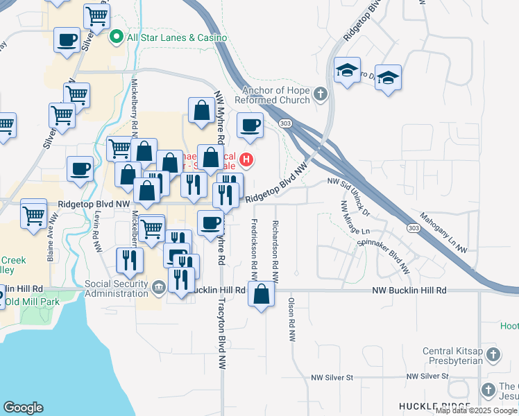 map of restaurants, bars, coffee shops, grocery stores, and more near 9924 Fredrickson Road Northwest in Bremerton