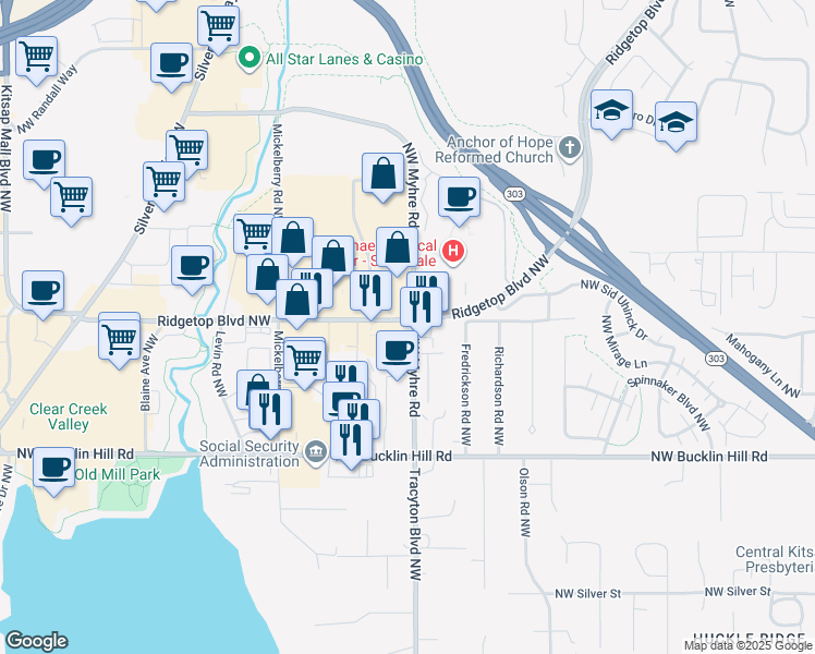 map of restaurants, bars, coffee shops, grocery stores, and more near 2041 Northwest Myhre Road in Silverdale