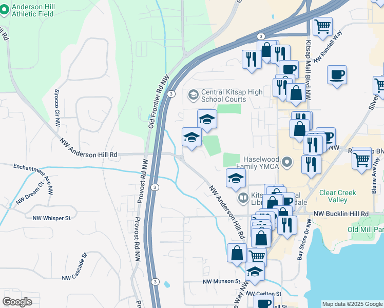 map of restaurants, bars, coffee shops, grocery stores, and more near 10120 Frontier Place Northwest in Silverdale