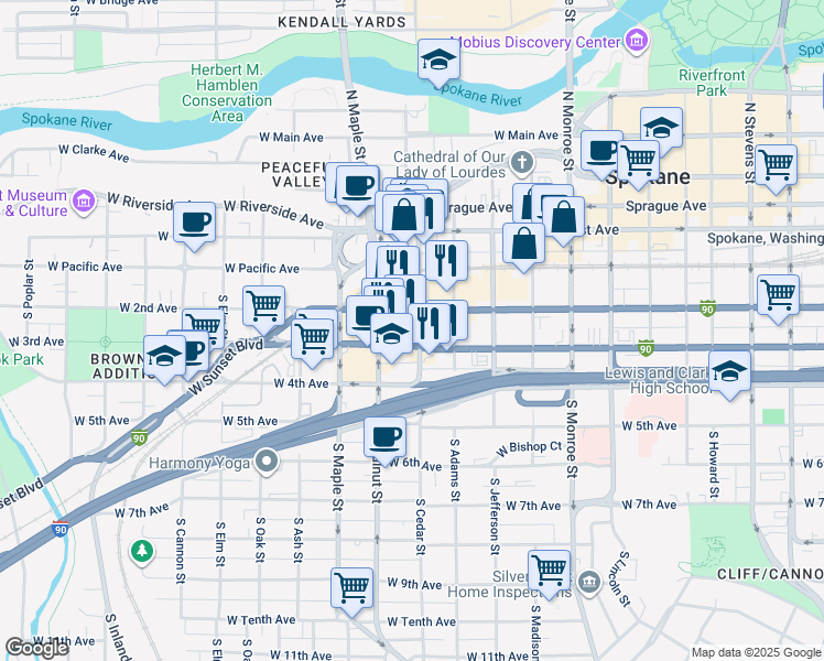 map of restaurants, bars, coffee shops, grocery stores, and more near 1322 Interstate 90 Business Loop in Spokane