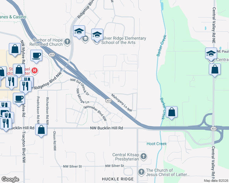map of restaurants, bars, coffee shops, grocery stores, and more near 866 Mahogany Lane Northwest in Silverdale