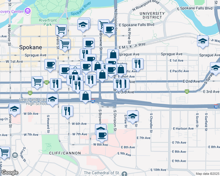 map of restaurants, bars, coffee shops, grocery stores, and more near 25 West 3rd Avenue in Spokane