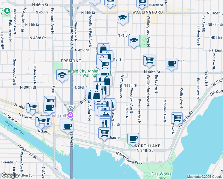 map of restaurants, bars, coffee shops, grocery stores, and more near 3825A Interlake Avenue North in Seattle