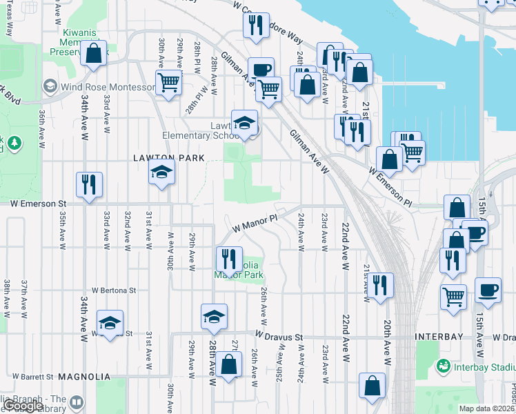 map of restaurants, bars, coffee shops, grocery stores, and more near 2500 West Manor Place in Seattle