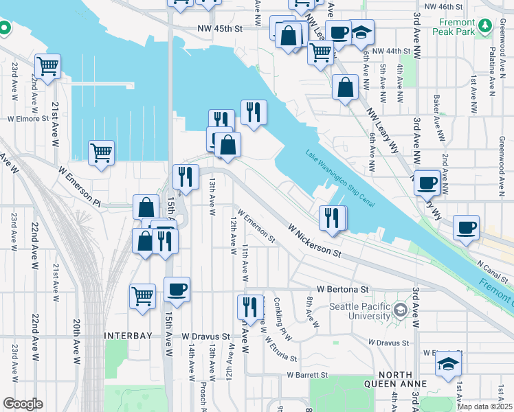 map of restaurants, bars, coffee shops, grocery stores, and more near 3816 11th Avenue West in Seattle