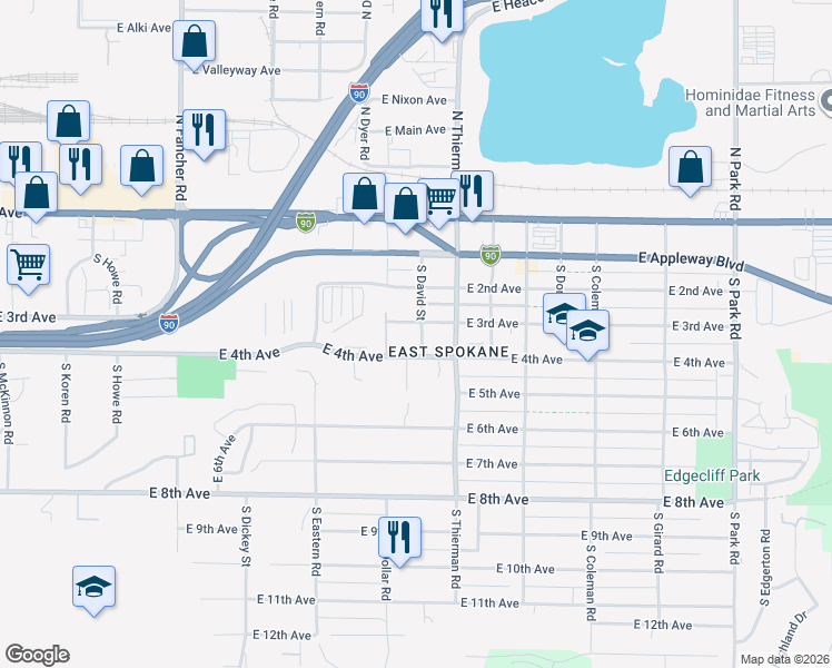 map of restaurants, bars, coffee shops, grocery stores, and more near 6517 East 4th Avenue in Spokane Valley