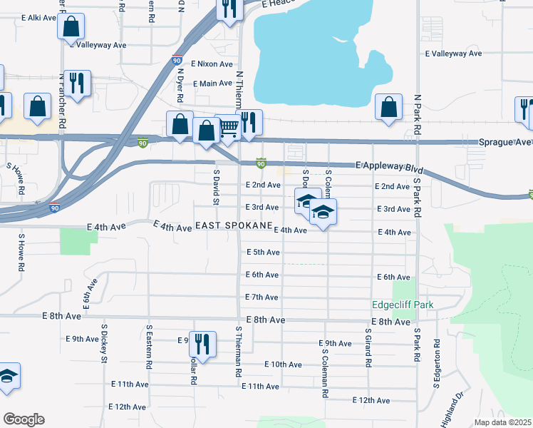 map of restaurants, bars, coffee shops, grocery stores, and more near 6805 East 4th Avenue in Spokane Valley