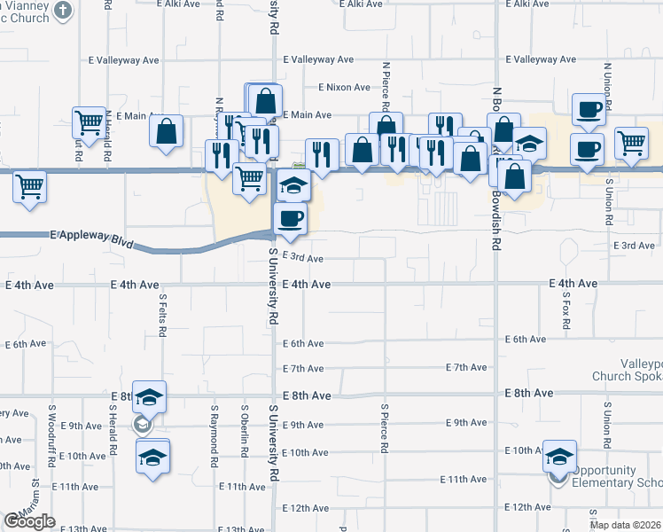 map of restaurants, bars, coffee shops, grocery stores, and more near 10820 East 3rd Avenue in Spokane Valley