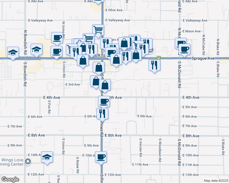 map of restaurants, bars, coffee shops, grocery stores, and more near 12323 East 4th Avenue in Spokane Valley