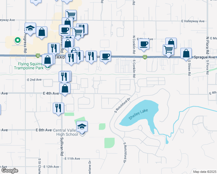 map of restaurants, bars, coffee shops, grocery stores, and more near 16025 East 4th Avenue in Spokane Valley