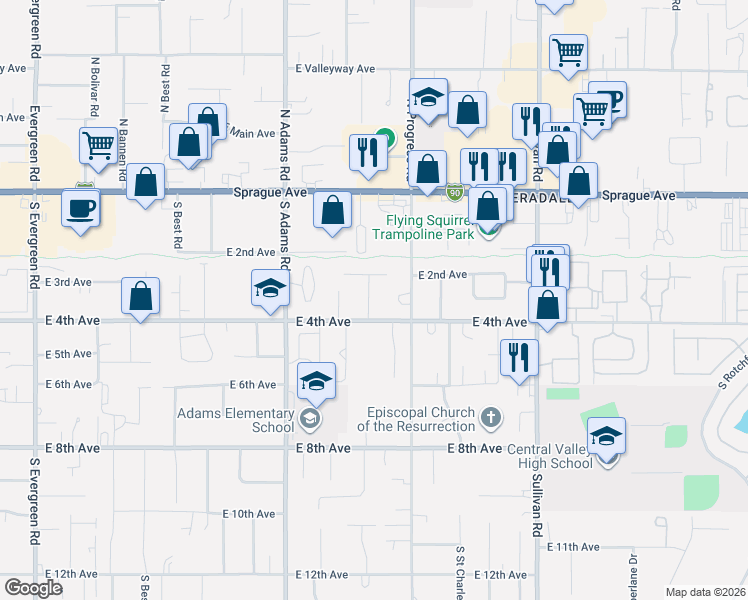 map of restaurants, bars, coffee shops, grocery stores, and more near 320 South Burns Road in Spokane Valley