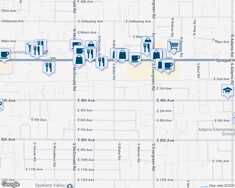 map of restaurants, bars, coffee shops, grocery stores, and more near 13505 East 4th Avenue in Spokane Valley