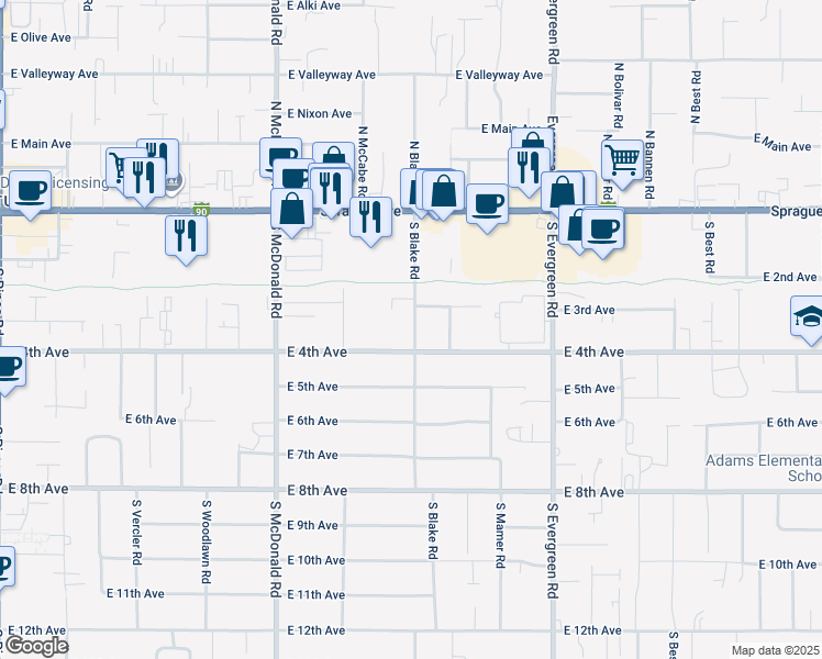 map of restaurants, bars, coffee shops, grocery stores, and more near 13505 East 4th Avenue in Spokane Valley
