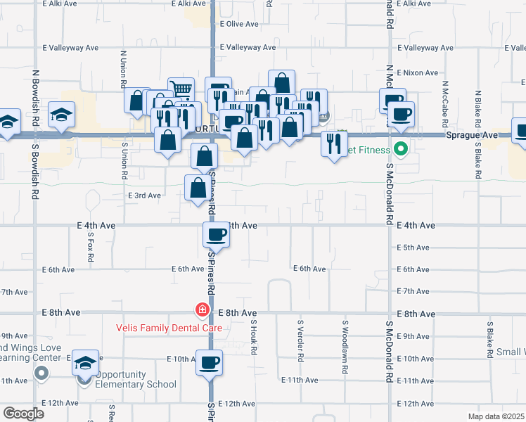 map of restaurants, bars, coffee shops, grocery stores, and more near 12503 East 4th Avenue in Spokane Valley