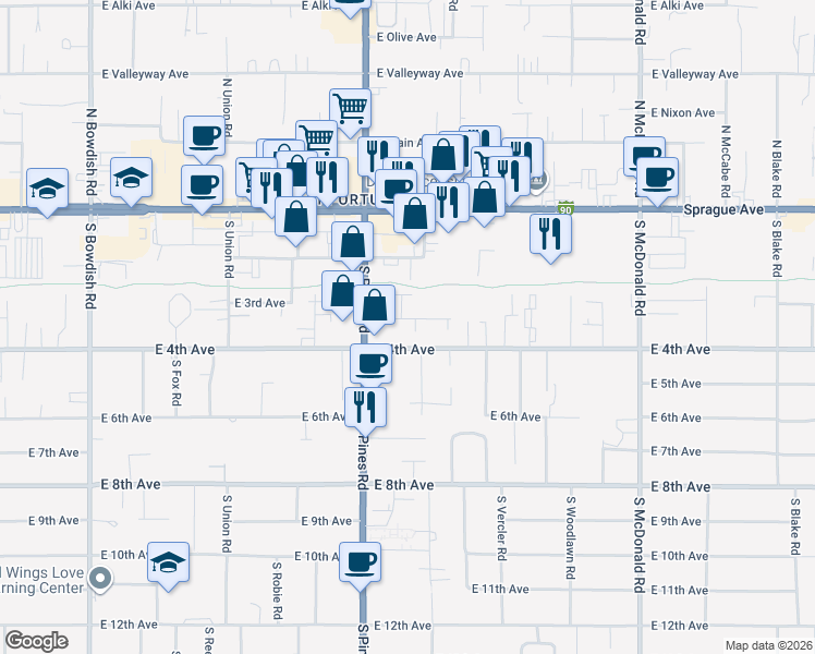 map of restaurants, bars, coffee shops, grocery stores, and more near 12323 East 4th Avenue in Spokane Valley