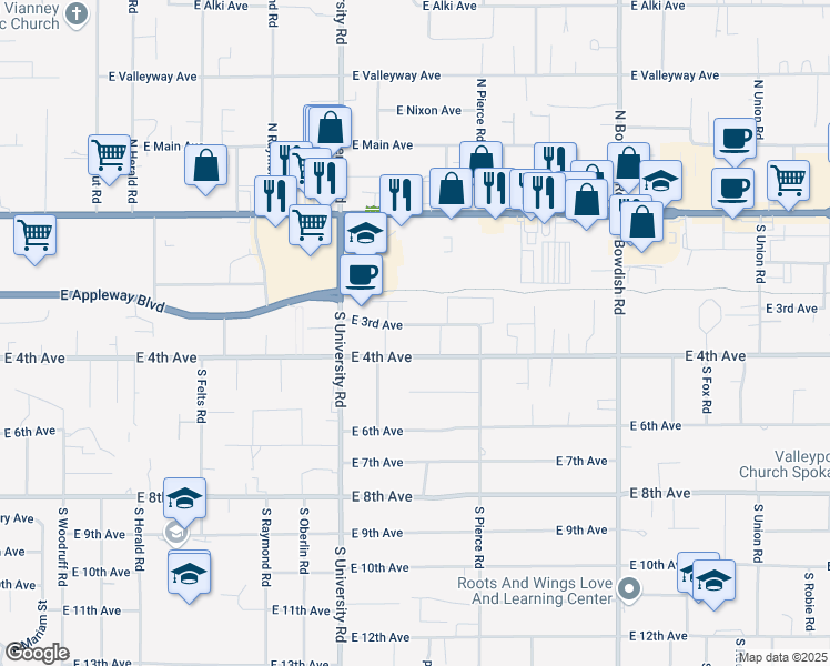 map of restaurants, bars, coffee shops, grocery stores, and more near 10911 East 4th Avenue in Spokane Valley