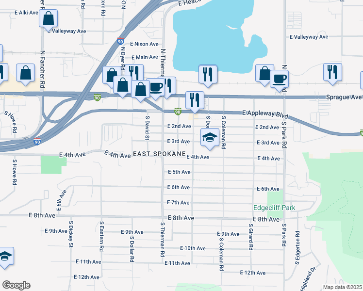 map of restaurants, bars, coffee shops, grocery stores, and more near 6805 East 4th Avenue in Spokane Valley