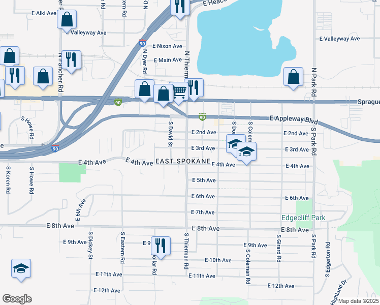 map of restaurants, bars, coffee shops, grocery stores, and more near 326 South Thierman Road in Spokane Valley