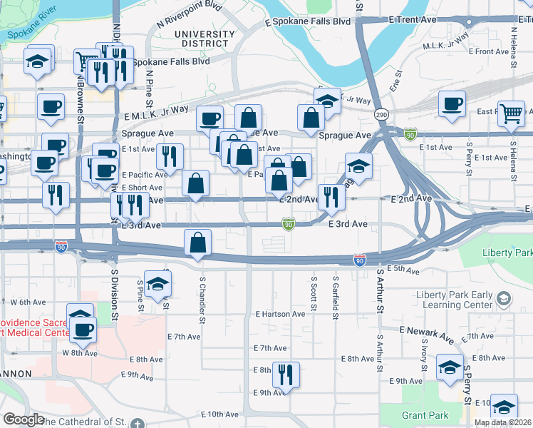 map of restaurants, bars, coffee shops, grocery stores, and more near 601 East 3rd Avenue in Spokane
