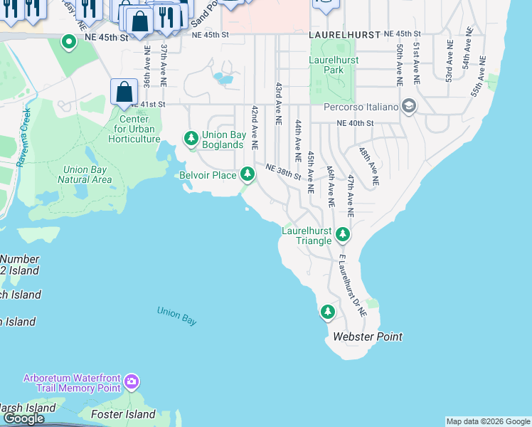 map of restaurants, bars, coffee shops, grocery stores, and more near 3609 42nd Avenue Northeast in Seattle