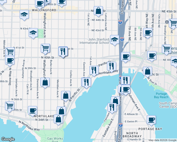 map of restaurants, bars, coffee shops, grocery stores, and more near 2528 North Pacific Street in Seattle