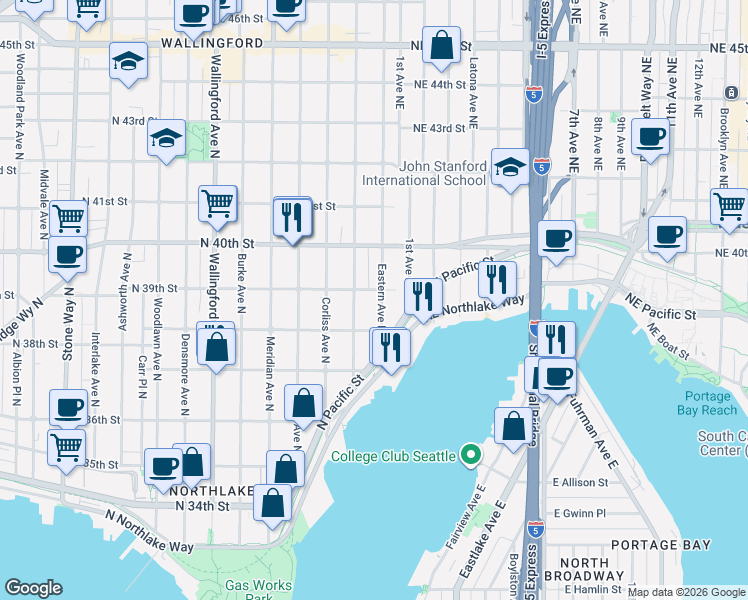 map of restaurants, bars, coffee shops, grocery stores, and more near 3811 Eastern Avenue North in Seattle