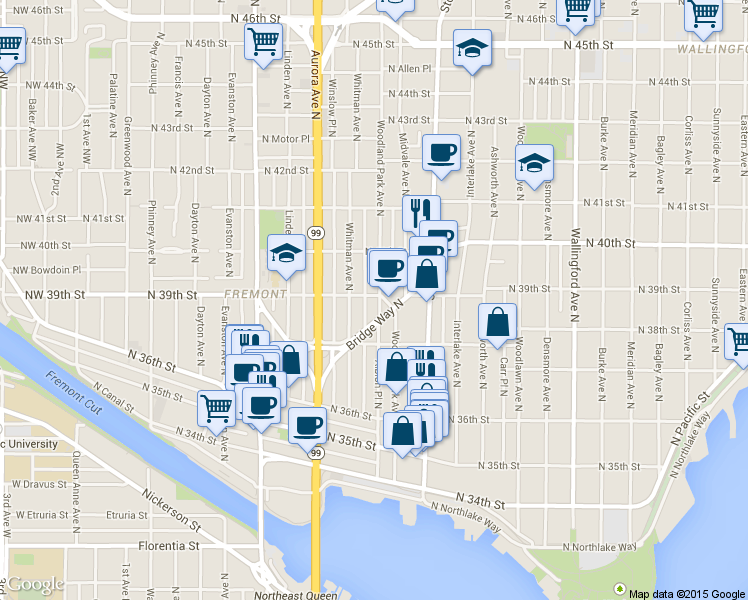 map of restaurants, bars, coffee shops, grocery stores, and more near 3860 Bridge Way North in Seattle