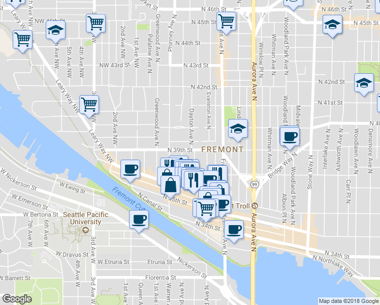 map of restaurants, bars, coffee shops, grocery stores, and more near 3658 Dayton Avenue North in Seattle