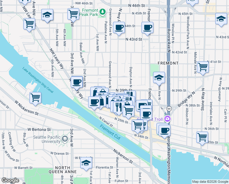 map of restaurants, bars, coffee shops, grocery stores, and more near 3639 Phinney Avenue North in Seattle