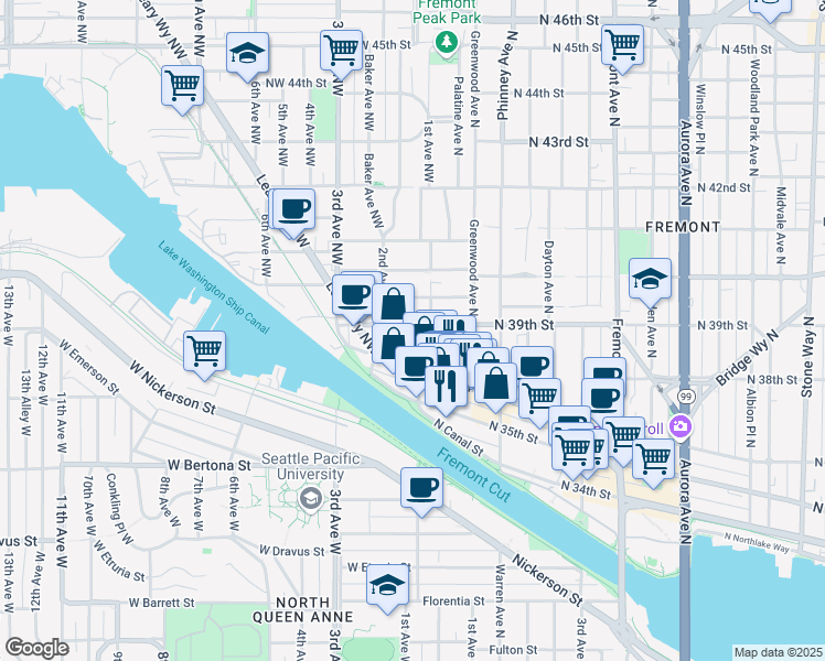 map of restaurants, bars, coffee shops, grocery stores, and more near 3617 1st Avenue Northwest in Seattle