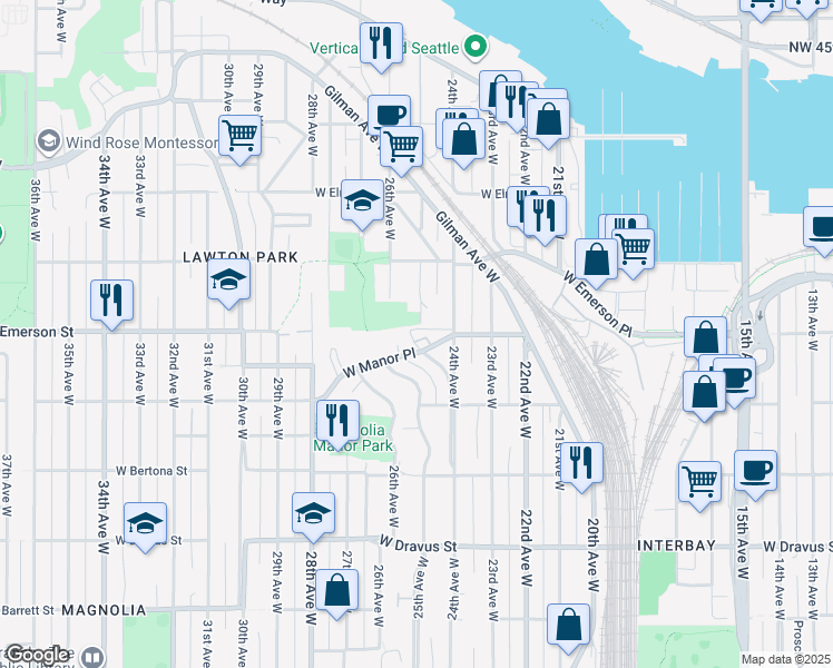 map of restaurants, bars, coffee shops, grocery stores, and more near 2500 West Manor Place in Seattle