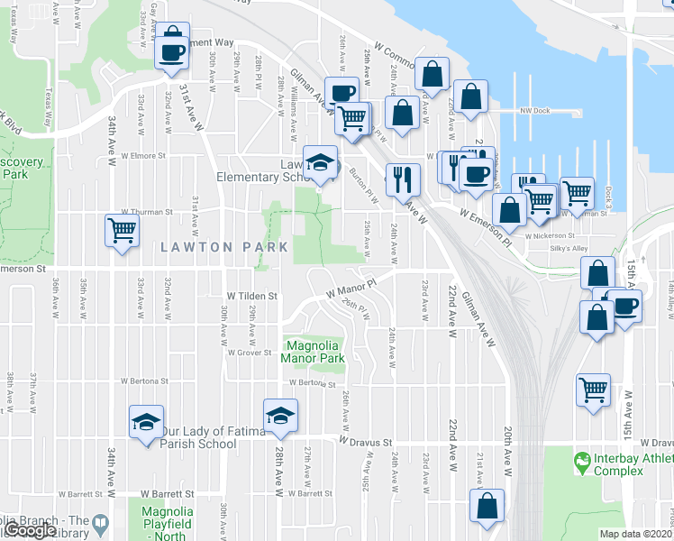 map of restaurants, bars, coffee shops, grocery stores, and more near 2500 West Manor Place in Seattle