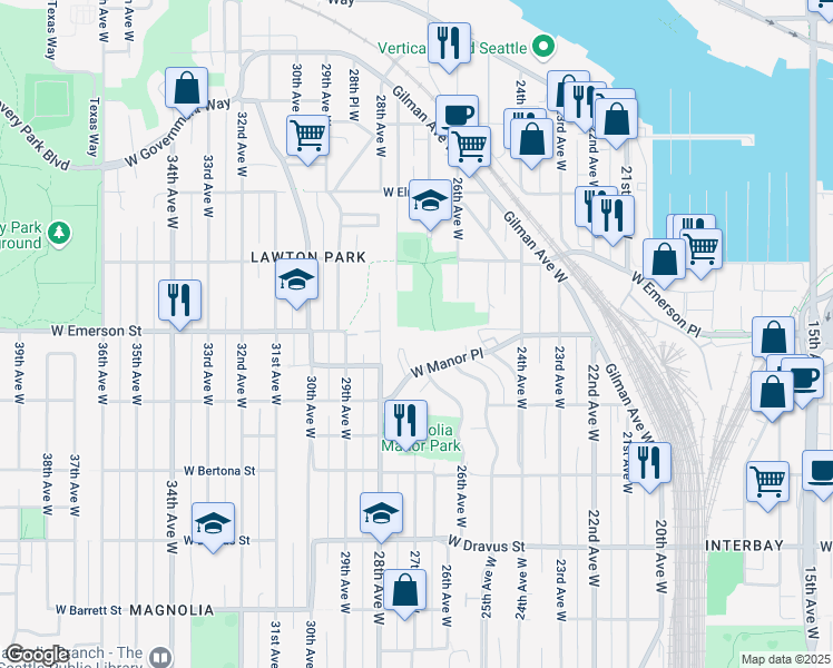 map of restaurants, bars, coffee shops, grocery stores, and more near 3710 27th Place West in Seattle