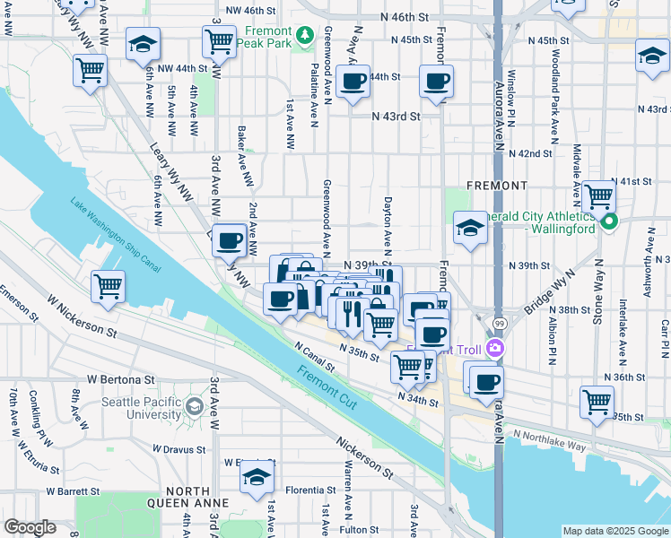 map of restaurants, bars, coffee shops, grocery stores, and more near 3639 Phinney Avenue North in Seattle