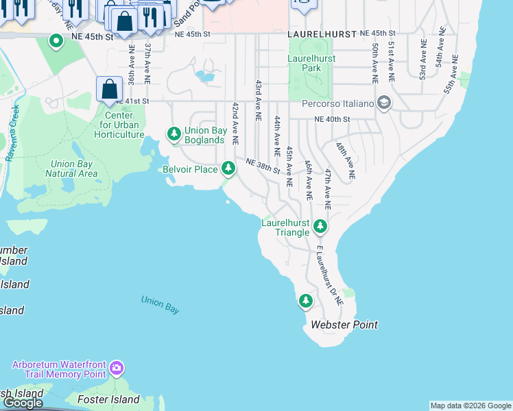 map of restaurants, bars, coffee shops, grocery stores, and more near 3609 42nd Avenue Northeast in Seattle