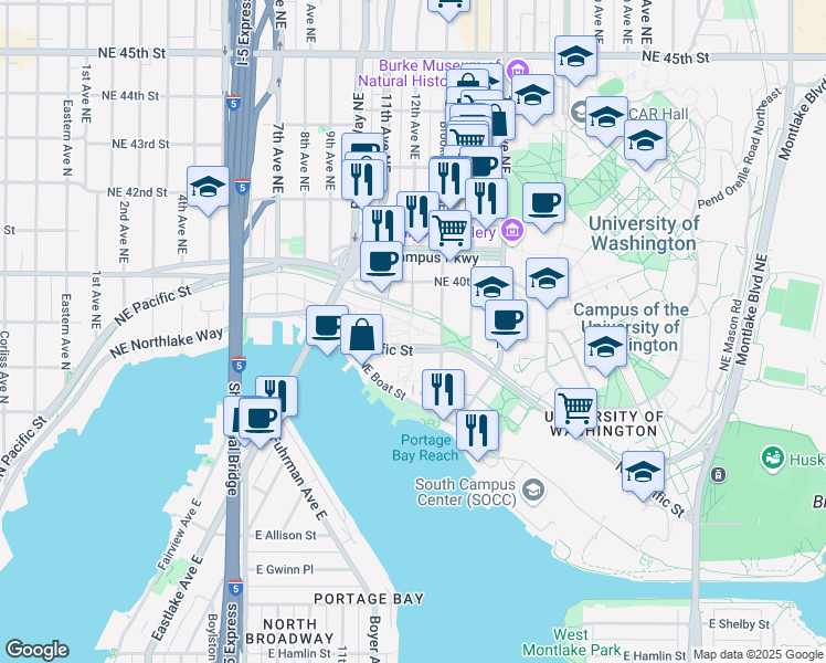 map of restaurants, bars, coffee shops, grocery stores, and more near 1959 Northeast Pacific Street in Seattle