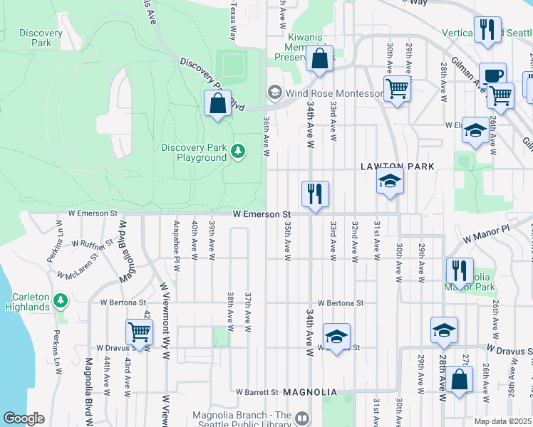 map of restaurants, bars, coffee shops, grocery stores, and more near W Emerson Pl & 36th Ave W in Seattle