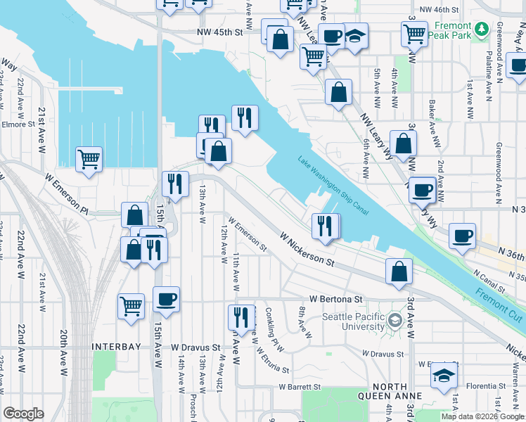 map of restaurants, bars, coffee shops, grocery stores, and more near 965 West Nickerson Street in Seattle